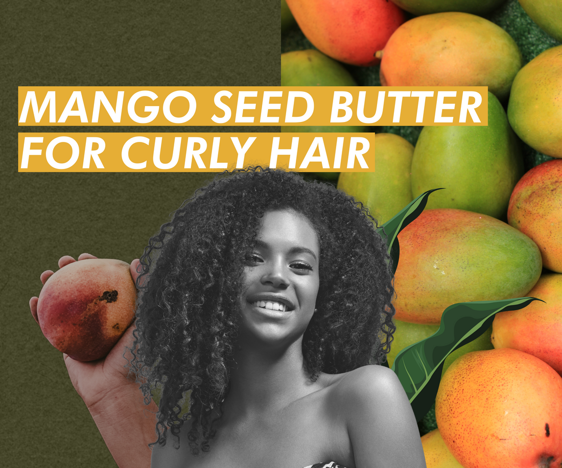Collage of a curly hair woman with a mango