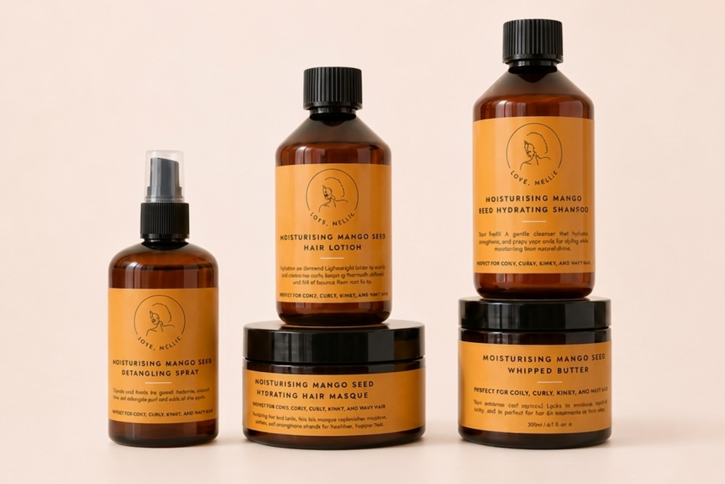 Four amber glass haircare bottles and jars with tan labels and black caps, arranged on a light beige studio background. The products include a hair spray, hair lotion, and two wrapped hair masks.