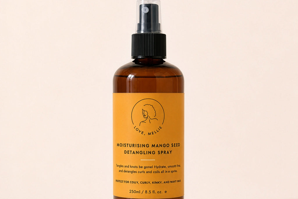 An amber glass spray bottle of Love Me Beauty Moisturising Mango Seed Detangling Spray with a black nozzle and a bright orange label, set against a solid light beige background.