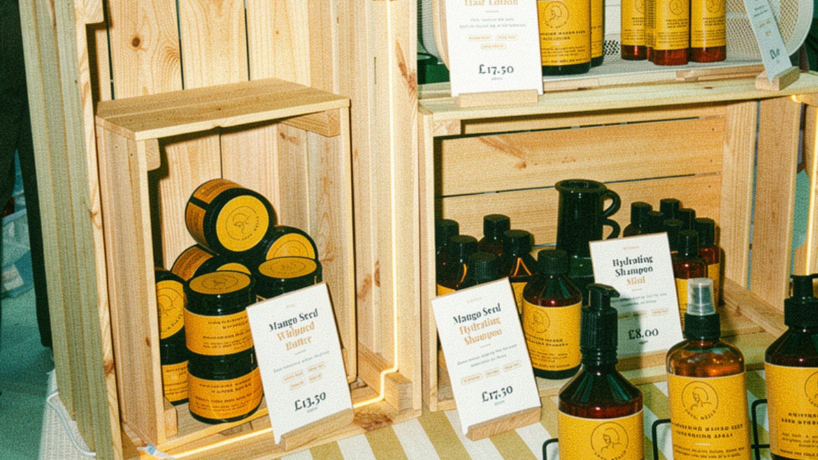 Display of haircare products in wooden crates and on a table outdoors.