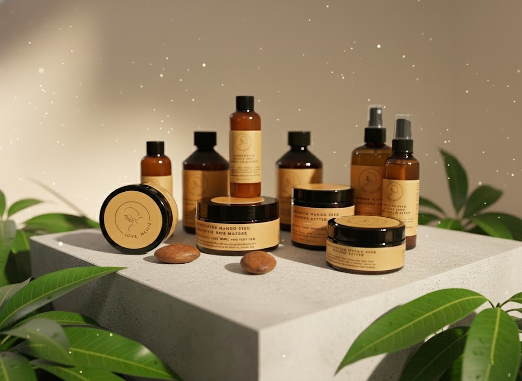 Collection of skincare and haircare products on a stone surface with greenery around.